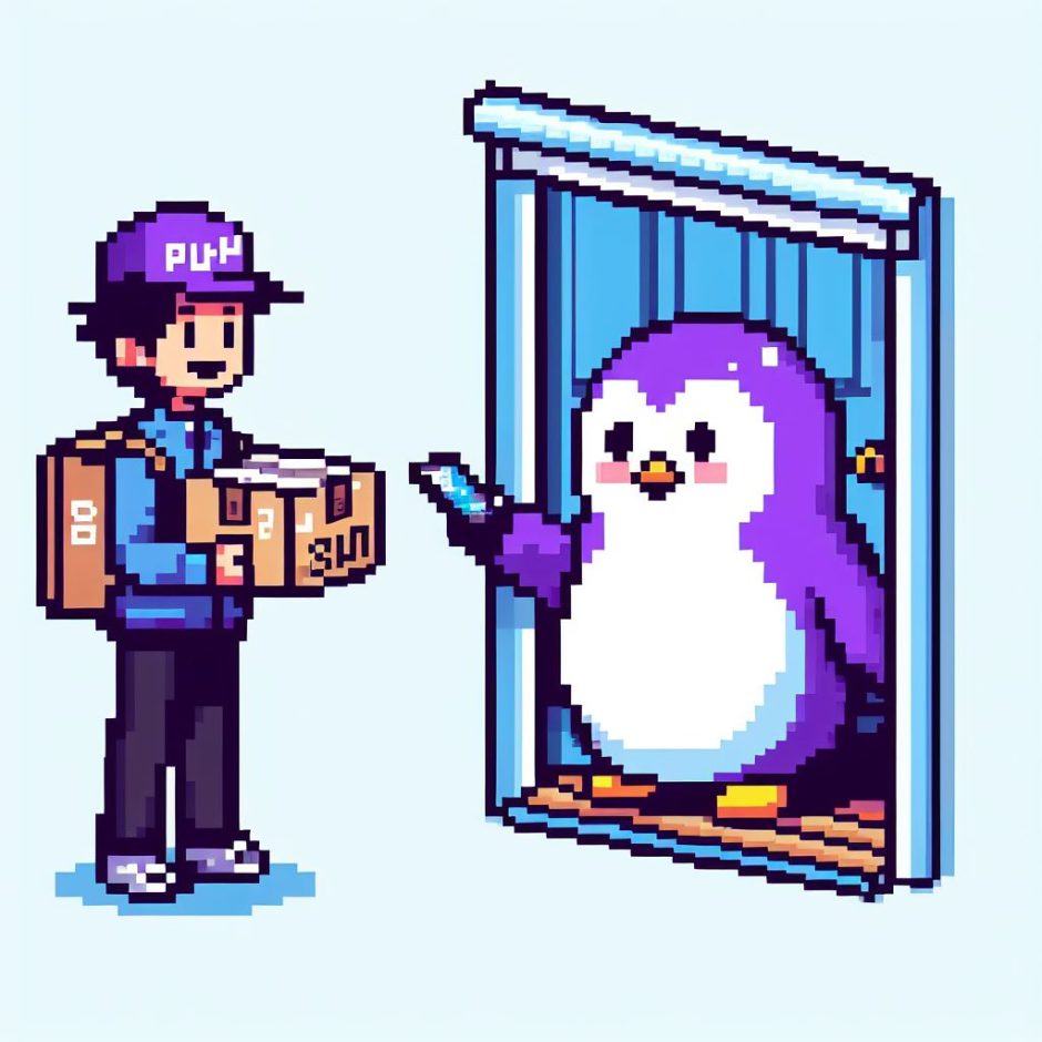 La imagen de un pinguino púrpura, estilo pixel art, recibiendo su pedido online con el repartidor en puerta