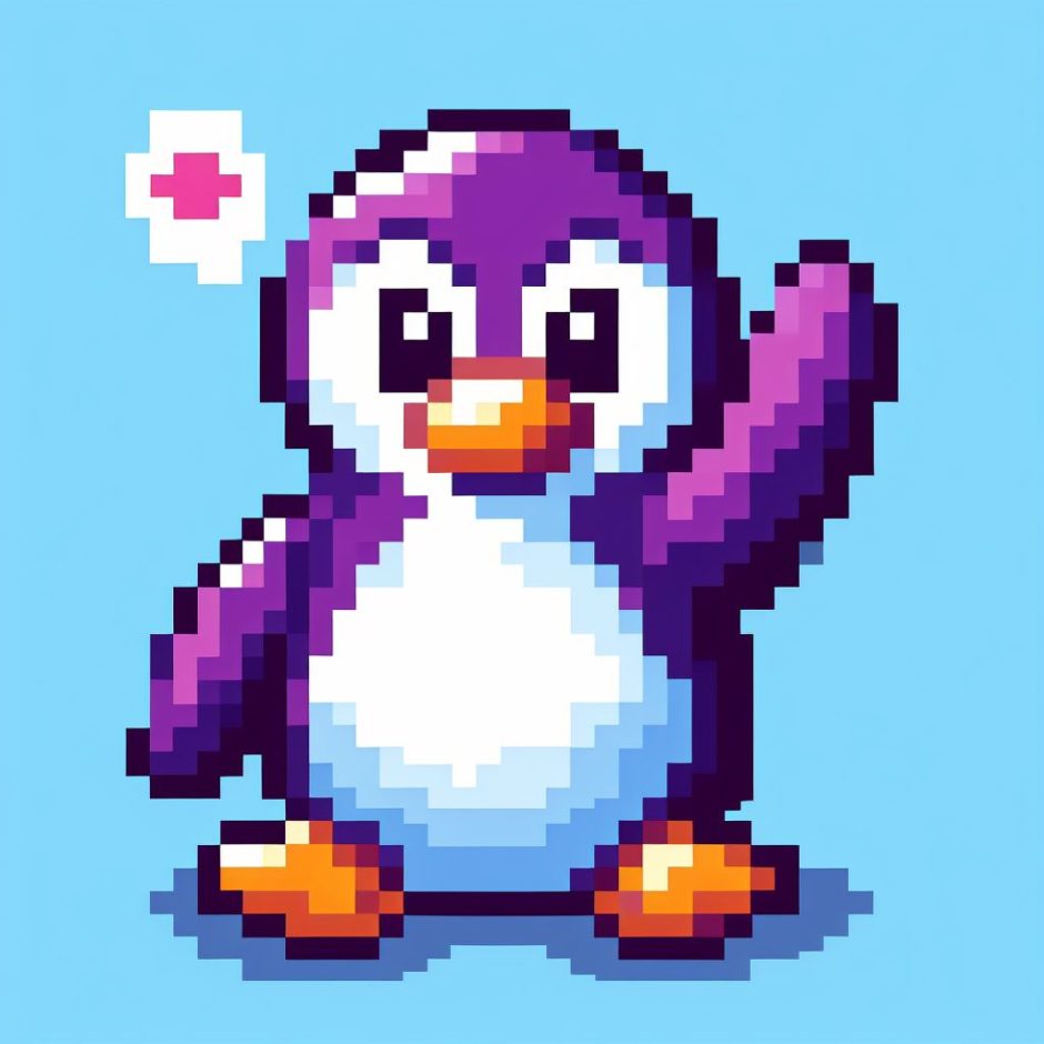 La imagen de un pinguino púrpura, estilo pixel art, diciendo adiós con su mano de forma amable