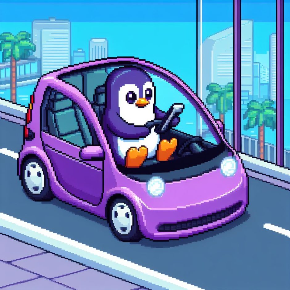 La imagen de un pinguino púrpura, estilo pixel art, conduciendo un automóvil eléctrico moderno