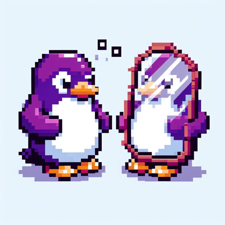 La imagen de un pinguino púrpura, estilo pixel art, sosteniendo un espejo como mostrándose a quien está observando.