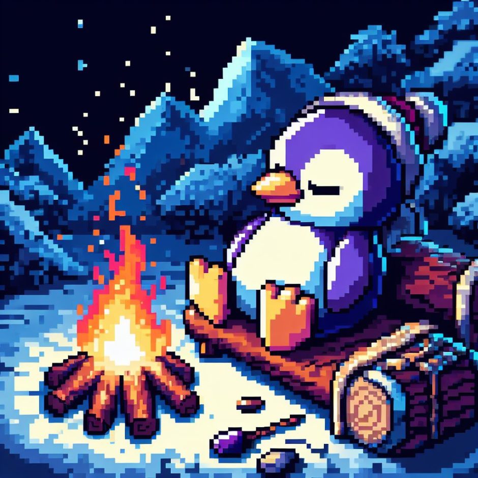 La imagen de un pinguino púrpura, estilo pixel art, descansando un momento al rededor de una fogata, para después continuar su camino