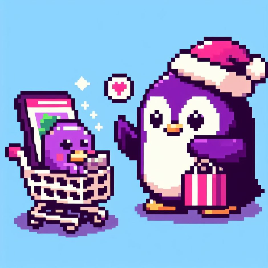 La imagen de un pinguino púrpura, estilo pixel art, comprando cosas por internet
