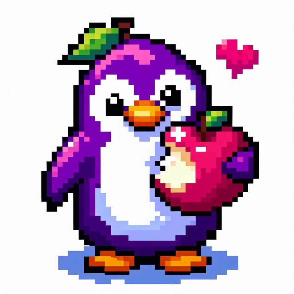 La imagen de un pinguino púrpura, estilo pixel art, con una manzana que tenga una mordida arriba de su cabeza